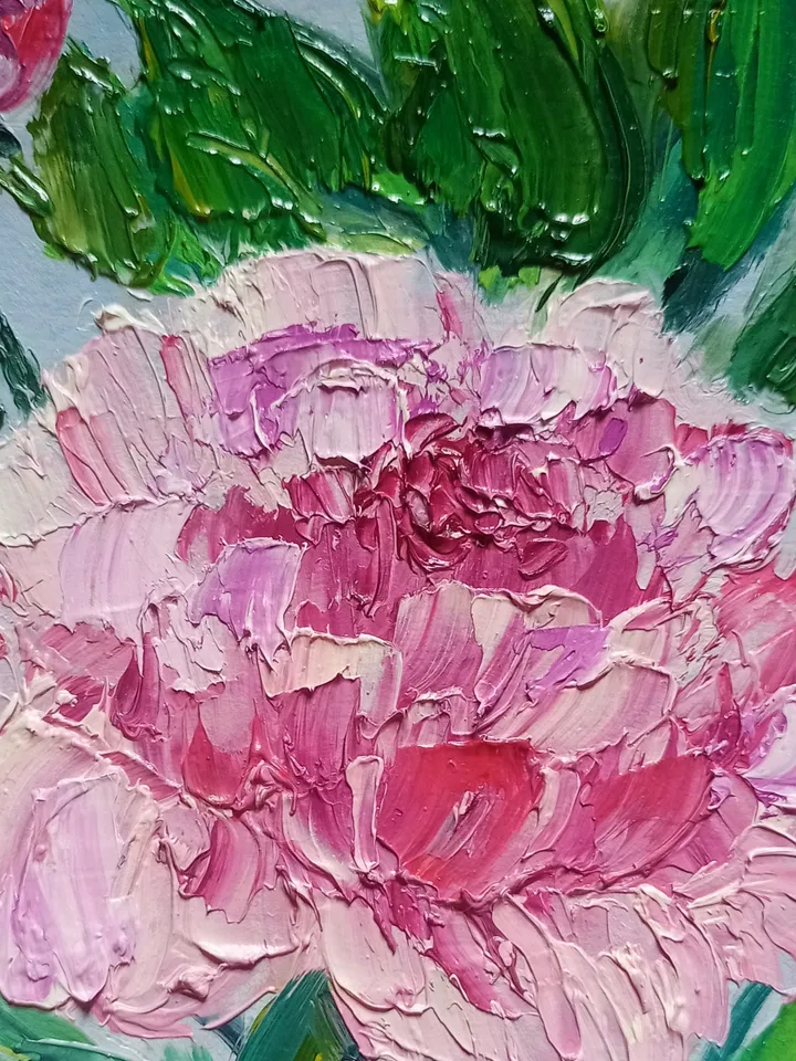 Small oil painting on cardboard portrait of a peony flower Pink flower in impasto painting, unique gift flowers wall art Floral wall décor