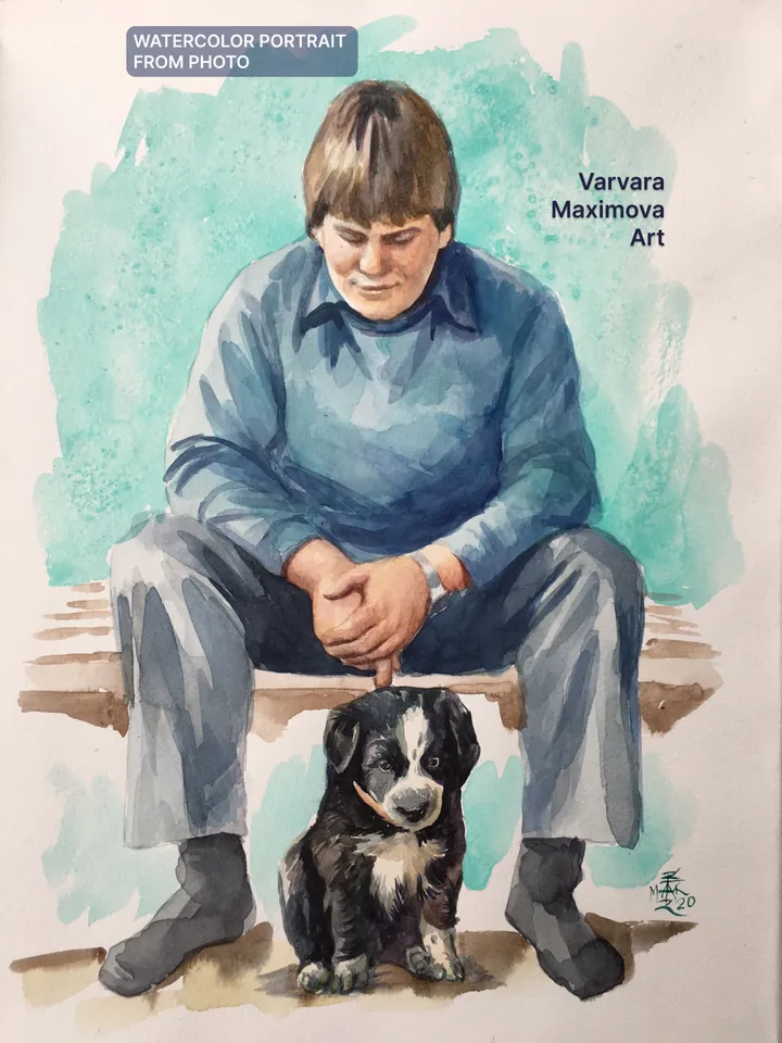 Watercolor portrait from photo With pet