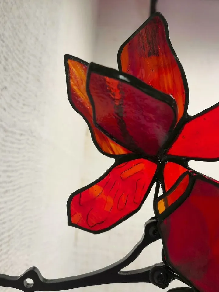 Stained Glass: Red Orchid Branch (Small) with Agates, Small Red Orchid Branch with Agates, Tiffany Stained Glass: Red Orchid Sprig with Agate Inlays, Red Orchid Branch (Small) with Agates, Handcrafted Tiffany Glass: Small Red Orchid with Agates