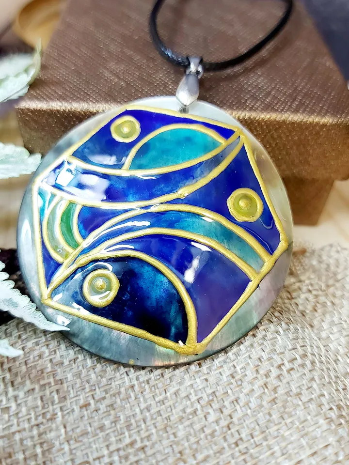 Pearl pendant necklace: Unique abstract necklace for women hand painted on mother of shell, Blue and gold painting on statement jewelry