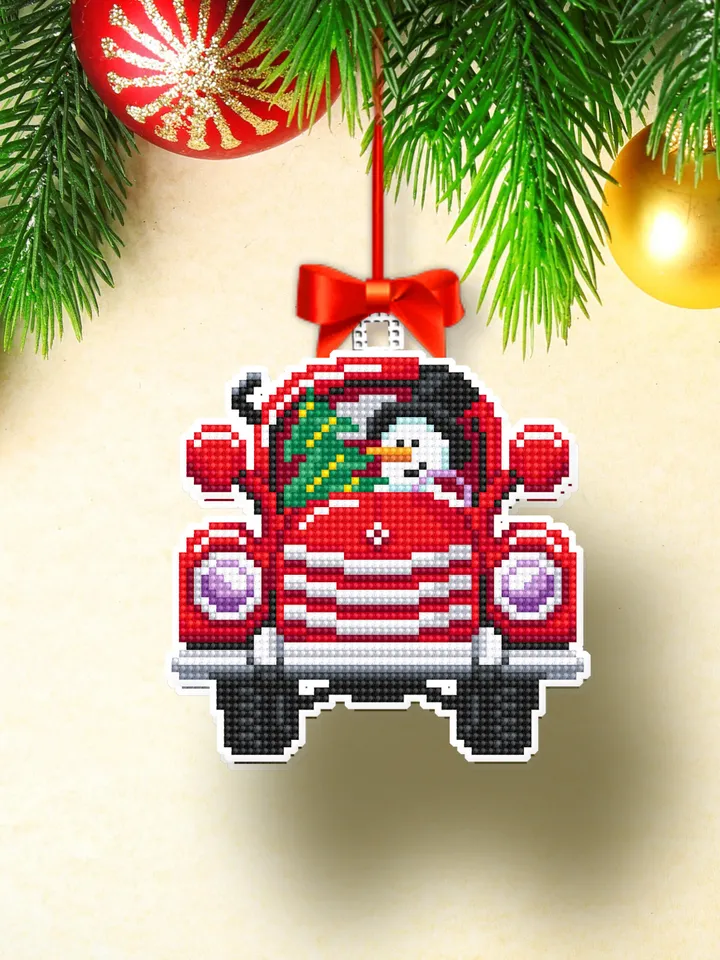 Christmas red truck cross stitch pattern PDF download Double-sided Christmas tree decor for plastic canvas, Funny deer cross stitch #N130