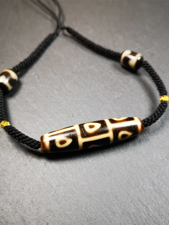 Gandhanra Antique Tibetan 9 Eyed Bodhi Dzi Bead Necklace, 2.1" x 0.51", 40 Years Old