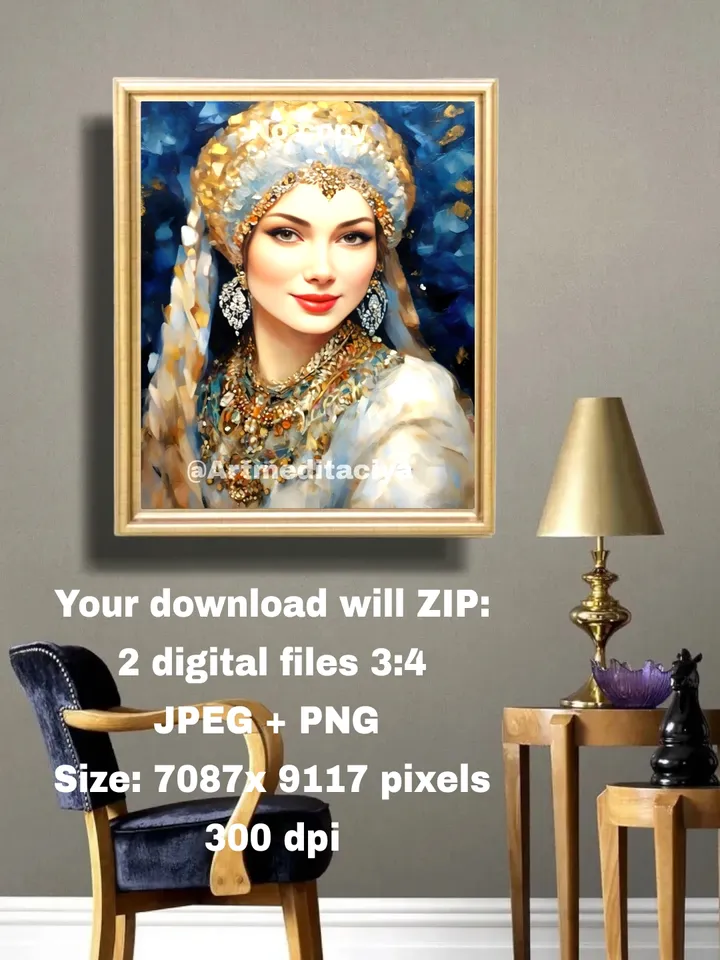 Digital abstract texture painting "Russian Snow Maiden", a blue-eyed blonde in a luxurious white winter outfit with gold elements on an abstract blue background, made in the ethnic style of oil painting with a palette knife