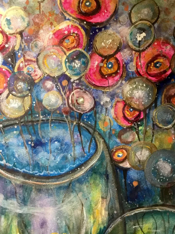 Foreign gardens-original watercolour mix media painting,fantasy flowers wall art,floral landscape,wall decoration,unique gift.