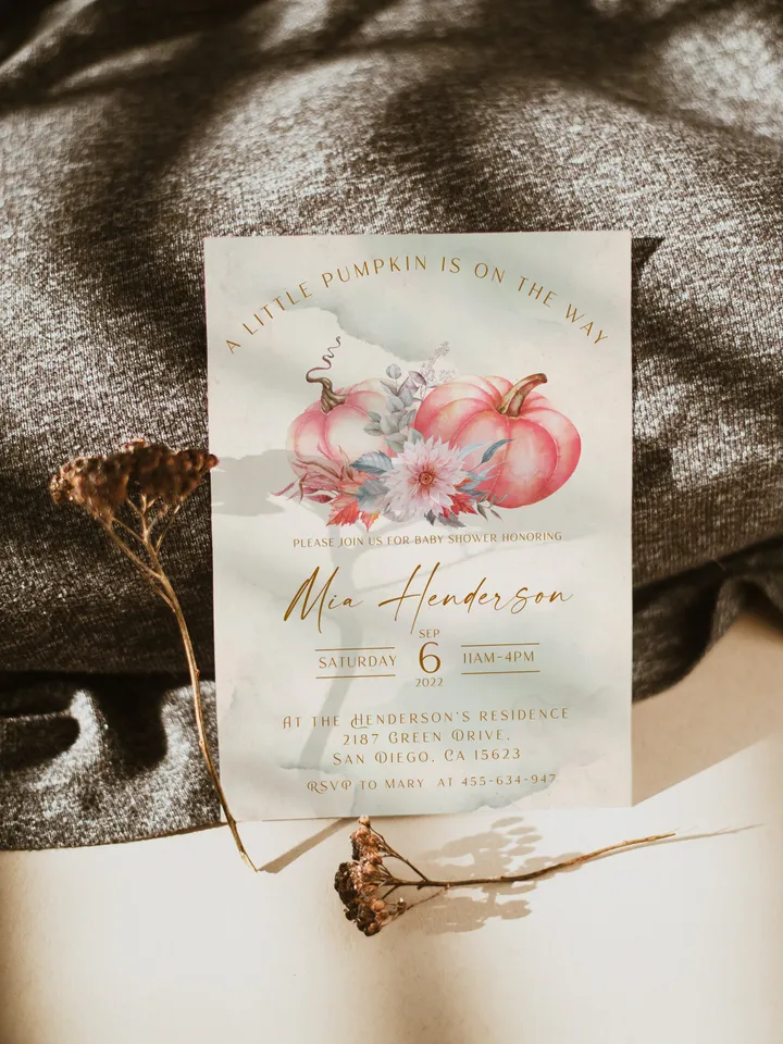 2022 Pumpkin Baby Shower Invitation; Little Pumpkin is on the way; Pink Pumpkins Invitation; Autumn Baby Shower; Editable Template Canva