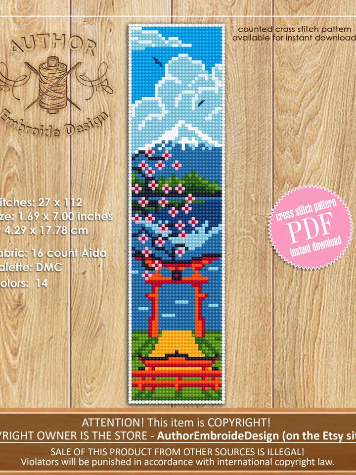 Bookmark Japan cross stitch pattern digital PDF Handmade bookmark nature cross stitch Spring xstitch chart Beginners Cross Stitching #B25
