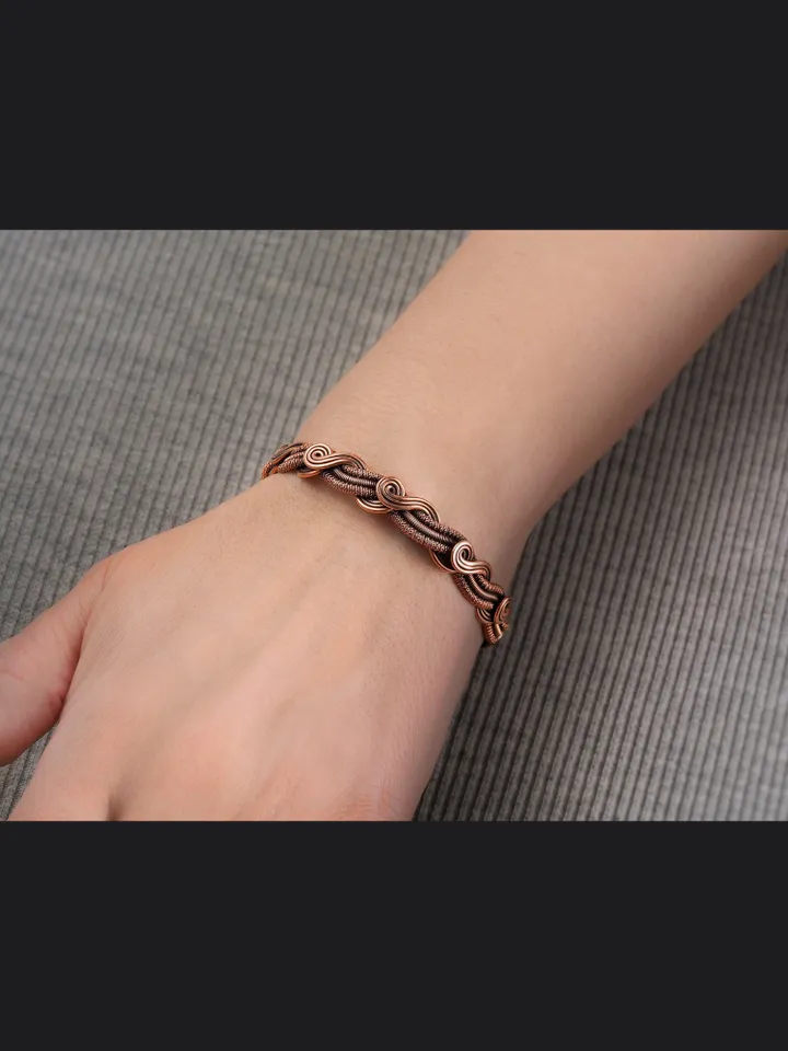 Wire wrapped bracelet, Unique 7th 22nd Anniversary gift idea, Art Nouveau antique style, One of kind braided statement bangle, Handmade oxidized pure copper jewelry, Pain relief, EMF protection