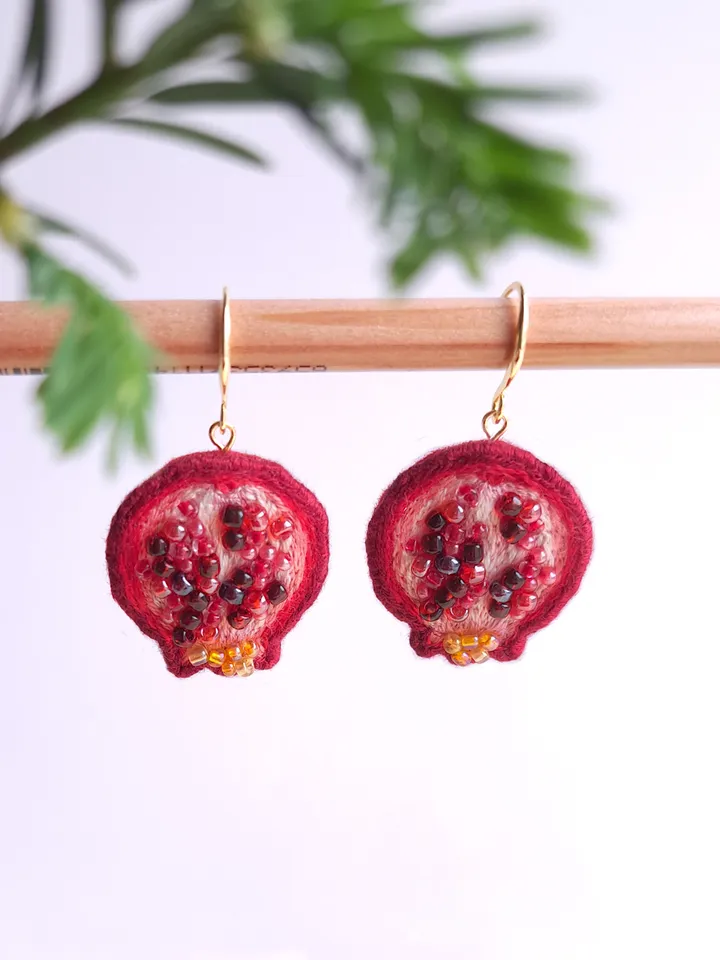 Pomegranate Earrings Handcrafted Jewelry Hand-Embroidered Unique Quirky Accessory Fruit Dangles Accessories Gift for Her