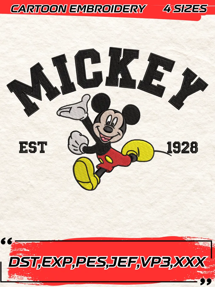 Mickey Mouse Est 1928 Embroidery Design, Disney Cartoon Embroidery Design ,Machine Embroidery Design File,4 Sizes, Digital Download
