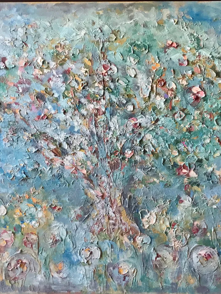 Apple tree original oil impasto style textured painting on stretched canvas,home decoration,impressionistic,large canvas wall art