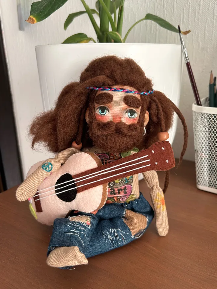 Textile doll Hippie man with tattoo and tiny felt guitar