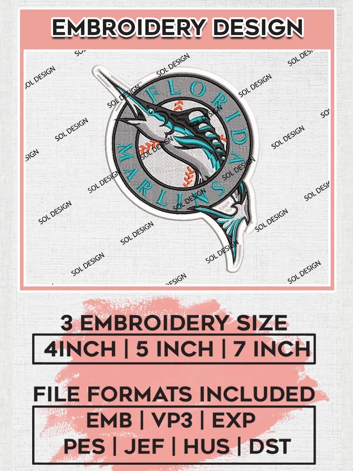 Miami Marlins Logo Embroidery Designs, MLB Miami Marlins Embroidery Design, MLB Embroidery Design Files, MLB Logo, 3 sizes, Machine embroidery Files, Digital Download