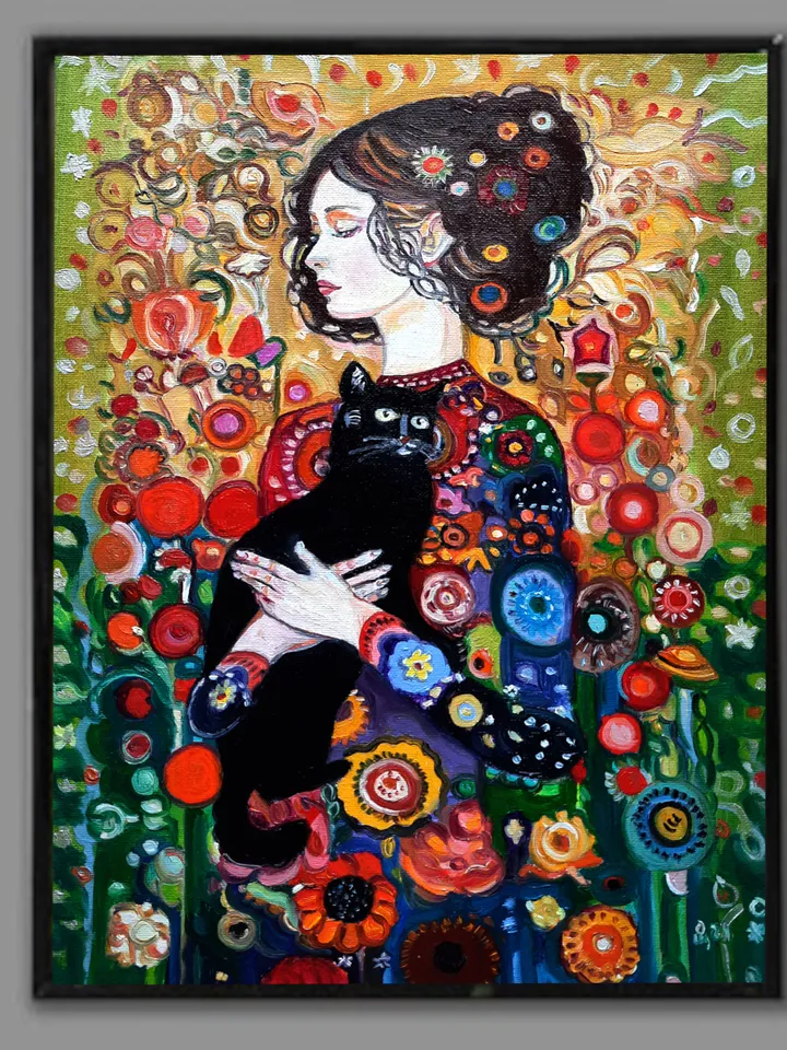 Girl with the black cat Painting Original Oil Art
Oil on Canvas 16 by12 inches