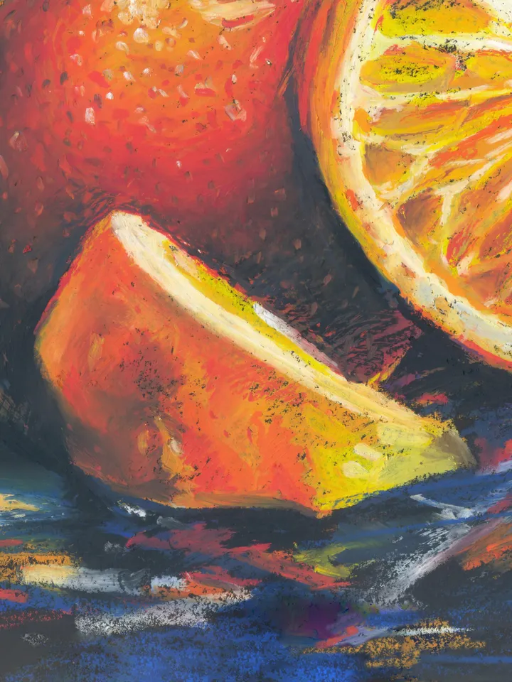 Oil pastel drawing, Still life, Three oranges, original graphics on A4 kraft paper