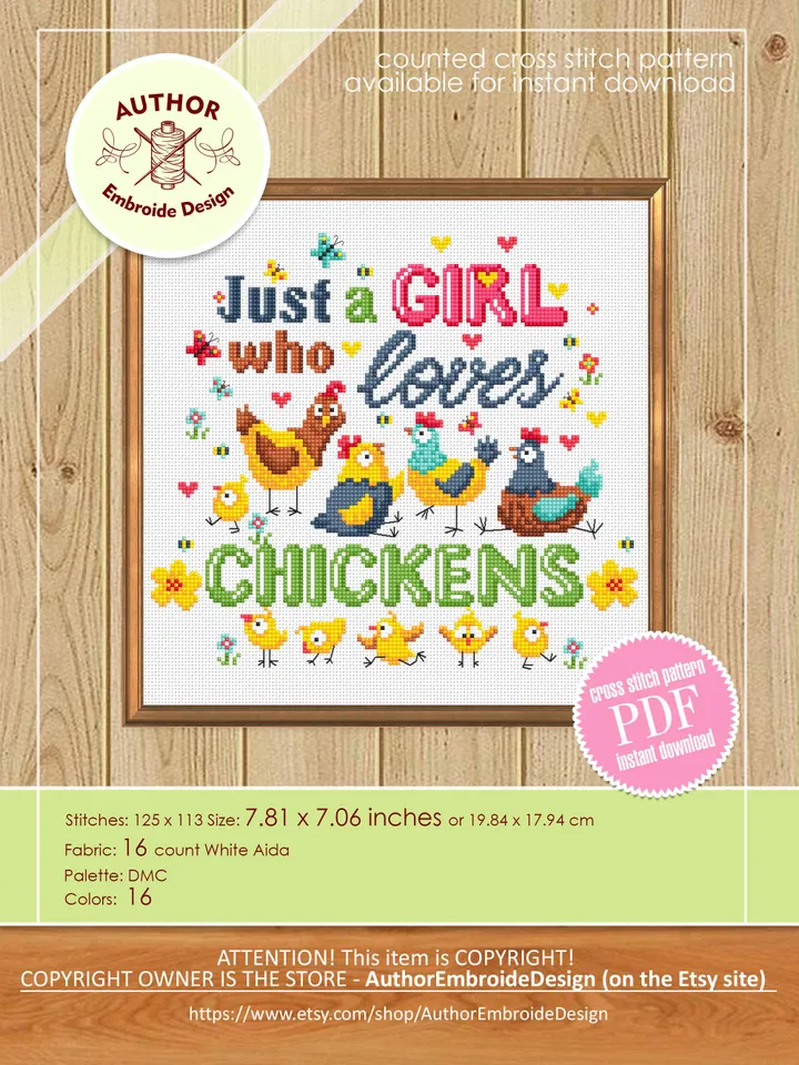 Just a girl who loves chickens cross stitch pattern PDF download Chicken cross stitch chart, Funny pattern digital, Chicken lover gift #Q65