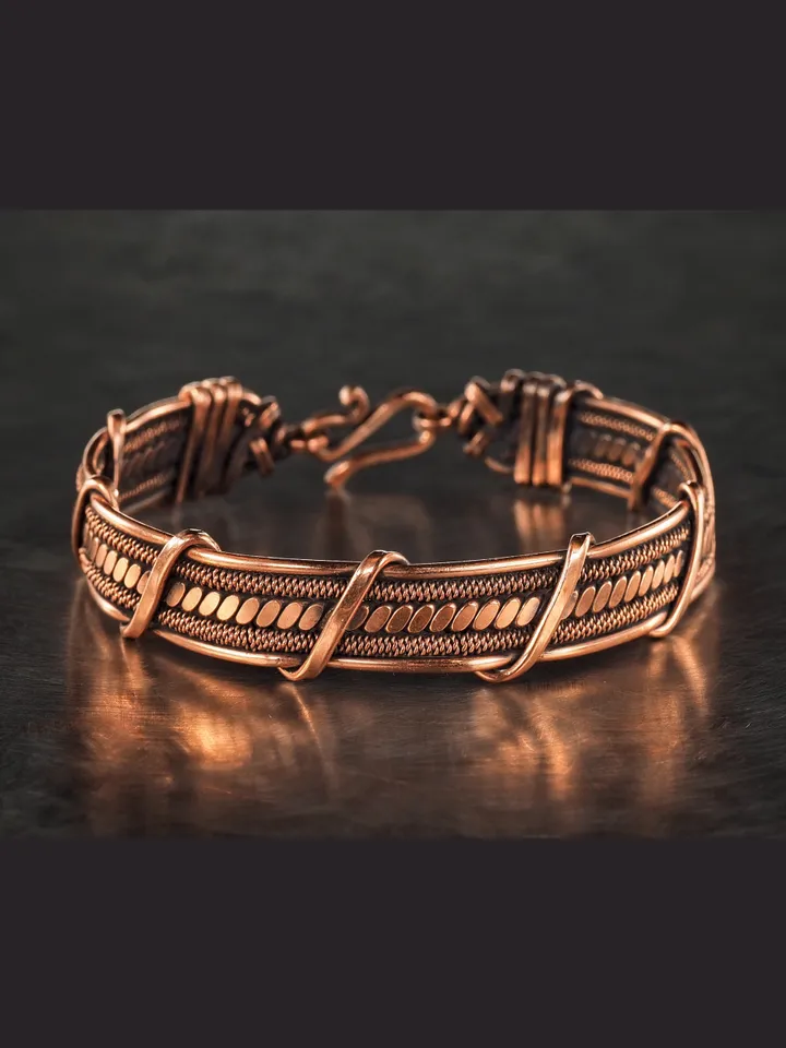 Wire wrapped bracelet, Unique 7th 22nd Anniversary gift idea, Art Nouveau antique style, One of kind braided statement bangle, Handmade oxidized pure copper jewelry, Pain relief, EMF protection
