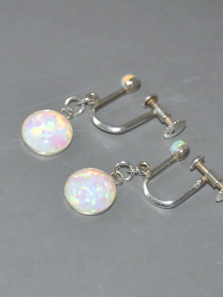Clip On Screw Back Opal Earrings Sterling Silver, White Opal Non Pierced Dangle Earrings