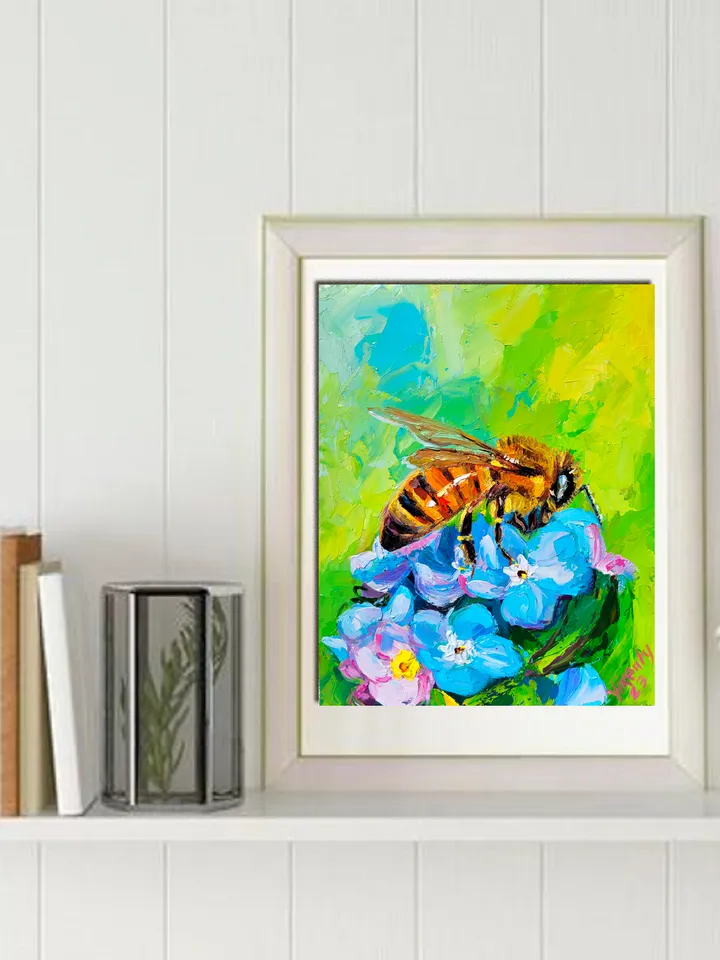 Forget Me Not Flower Honey Bee Painting Original Art Impasto Oil Painting 8x10 Birthday Gift Bee Artwork Blue Flower Wall Art by ArtFromVictoria