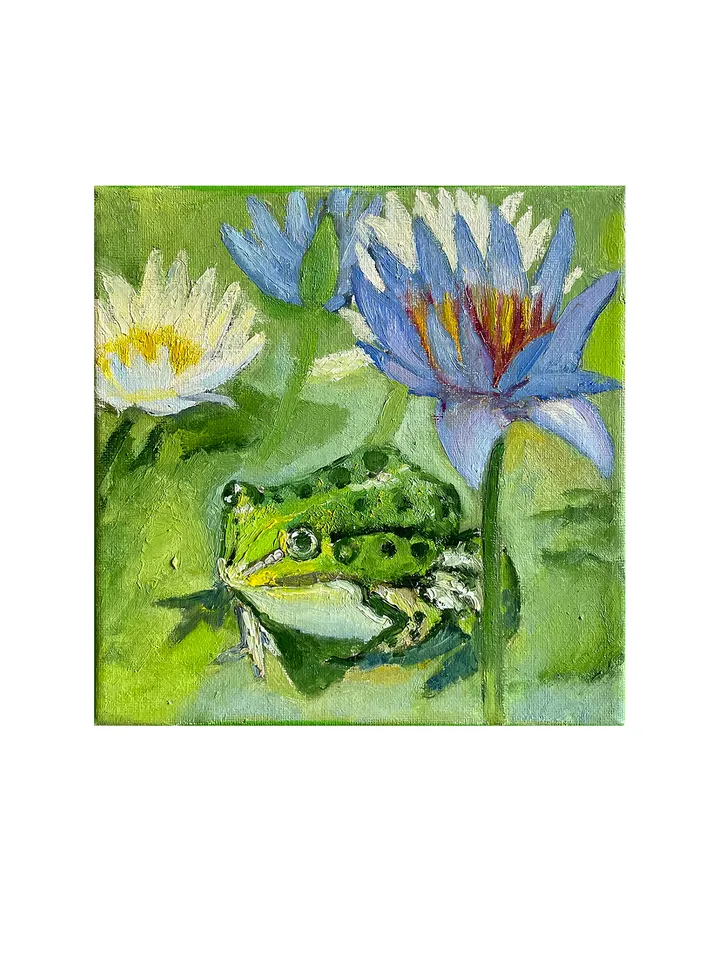 Water lily painting, original oil painting on canvas, Frog wall art
