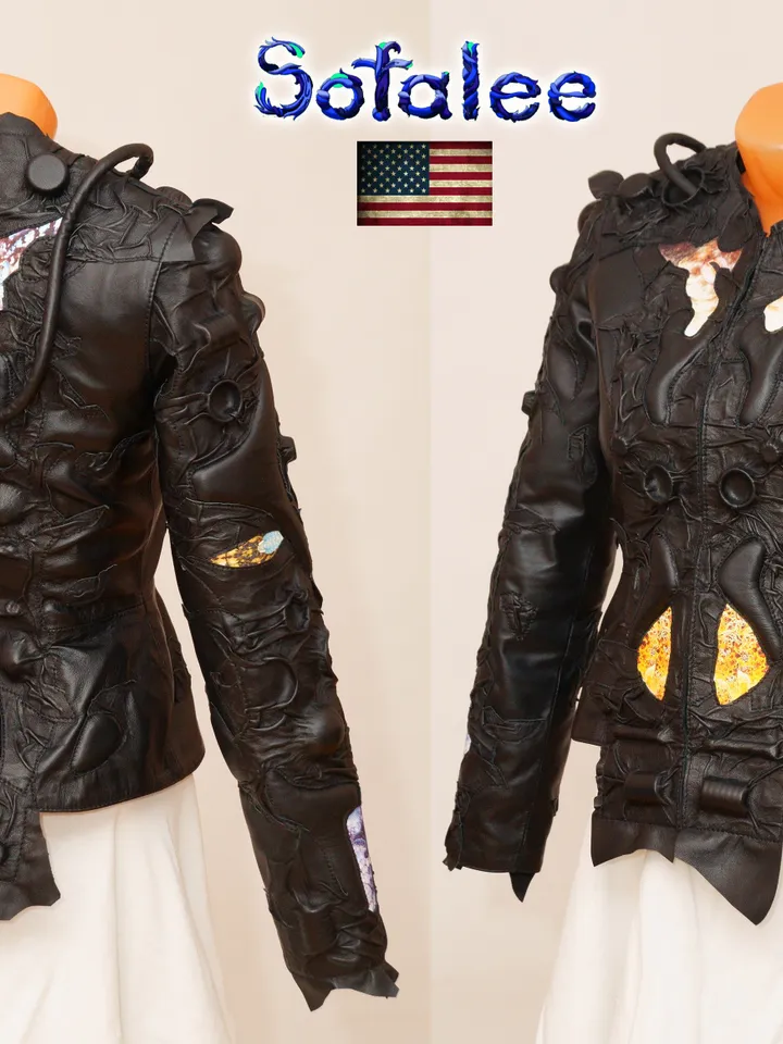 Women's short handmade jacket of genuine leather black color cyberpunk style. Cosmic futuristic design leather clothes