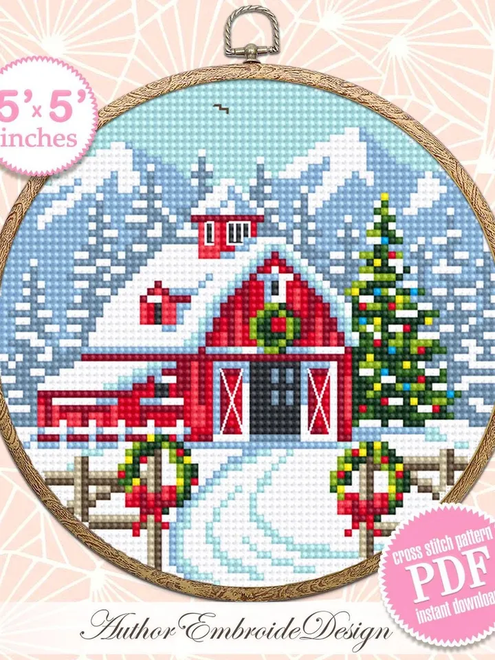 Christmas farm barn cross stitch pattern PDF download Winter mountain landscape cross stitch, Christmas pattern digital PDF, Red house #N171