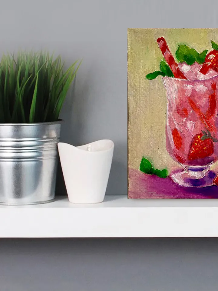 Strawberry Cocktail Oil Painting on Canvas Hand Painted Small Original Artwork, Drink art Still Life painting Perfect Bar and Kitchen Decor 8"x6"