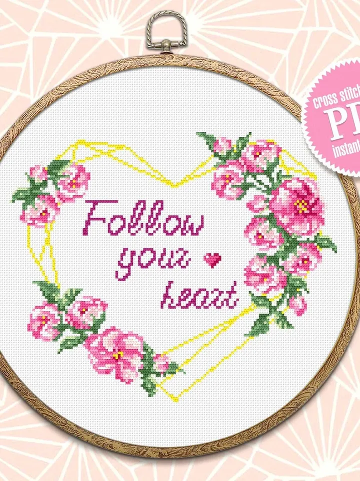 Floral heart cross stitch pattern PDF download Heart frame cross stitch chart, Follow your heart pattern digital PDF, Valentines stitch #Q1