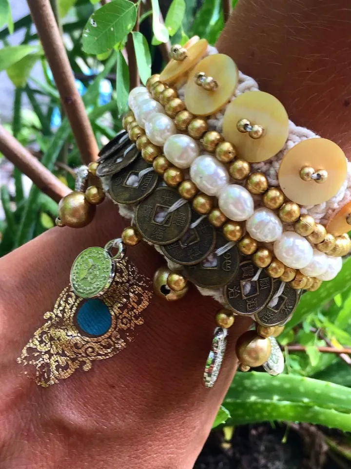 Boho Hippie Coachella Pearl Chinese Coin Bracelet | Macrame crochet tie bracelet | Bohemian Jewerly | shell bracelet bali crochet bohemian