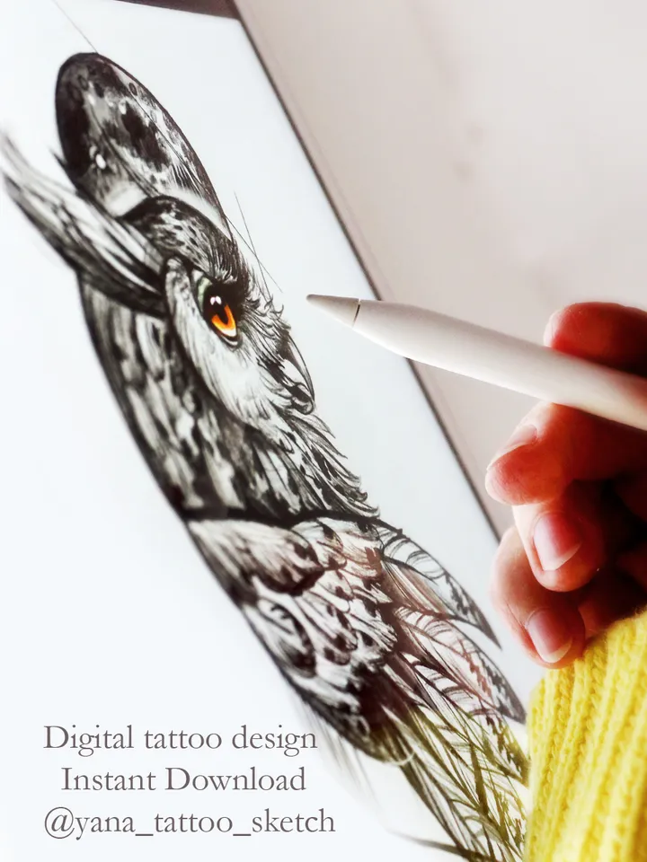 Sketch Owl Tattoo Drawing Full Moon Owl Tattoo Design Idea, Instant download PDF, JPG