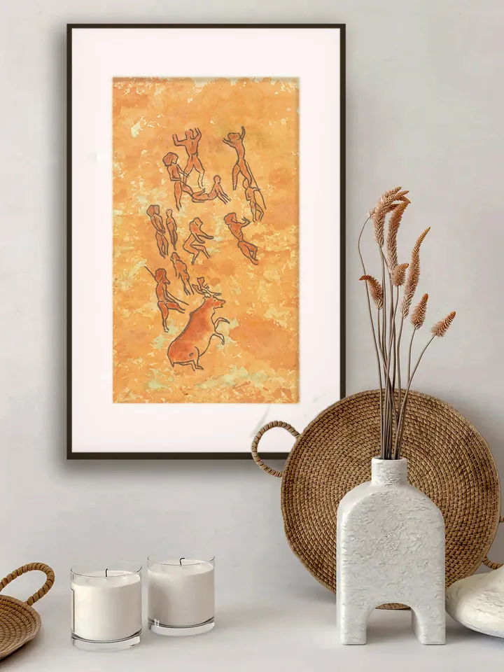 Prehistoric man wall art | Original Pastel and Watercolor Artwork Ancient Cave Painting Style | Hunters Prehistoric art | Handmade Artwork | Deer hunting stylization of rock art | Drawings of a prehistoric man