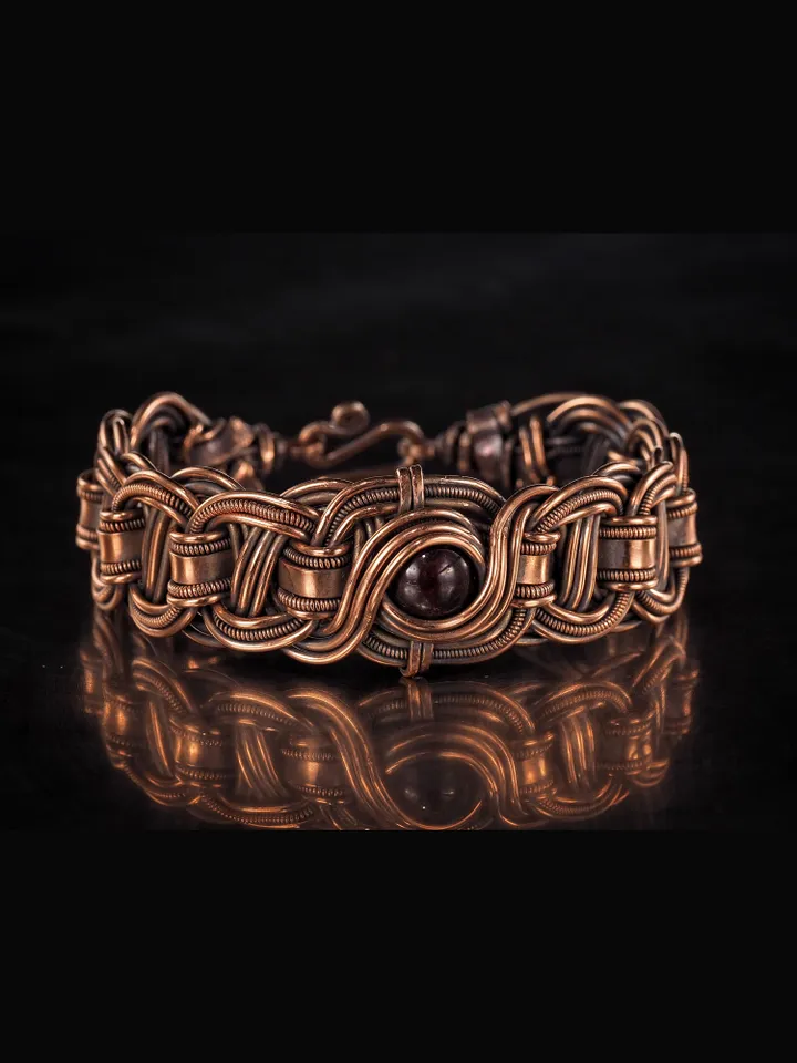 Copper wire wrapped garnet bracelet Unique bangle 7th Wedding Anniversary