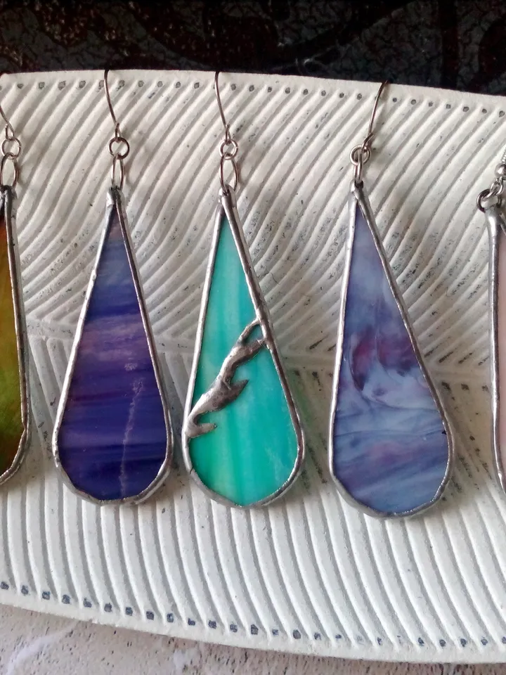 Multicolor drop earrings, Dangle  stained glass earrings, pink long earrings, simple stained glass