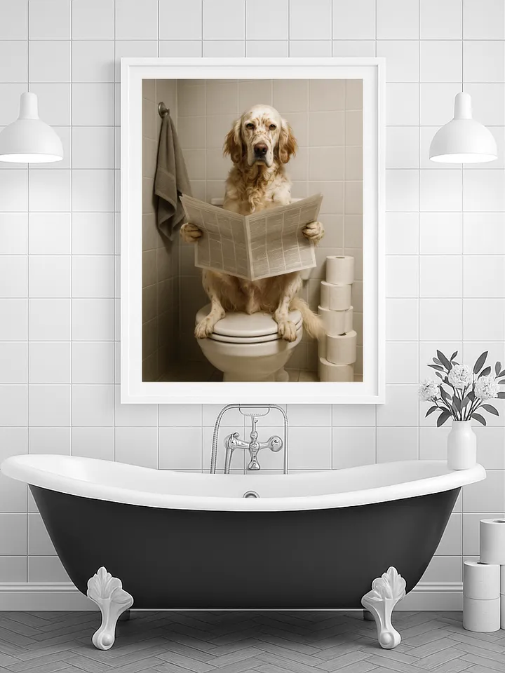Funny Dog Reading on Toilet Wall Art, English Setter Bathroom Humor Print, Pet Lover Digital Download