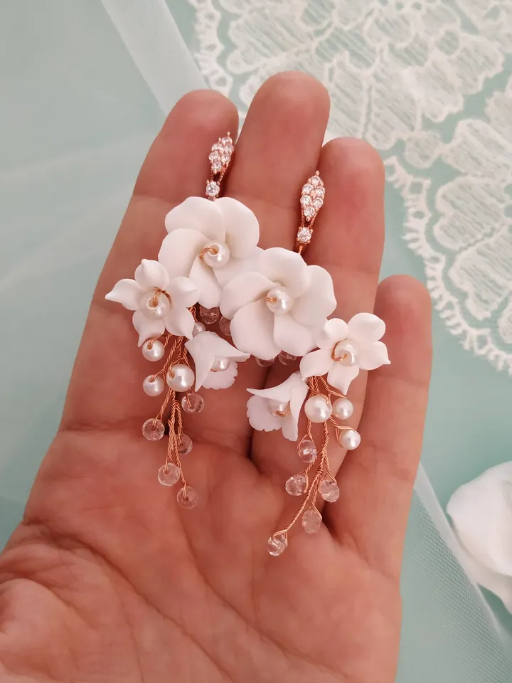 White Porcelain Flowers Gold | Rose Gold Wedding Necklace Set, Boho Wedding Earrings, Boho Bridal Earrings, Floral Wedding Jewelry Set,