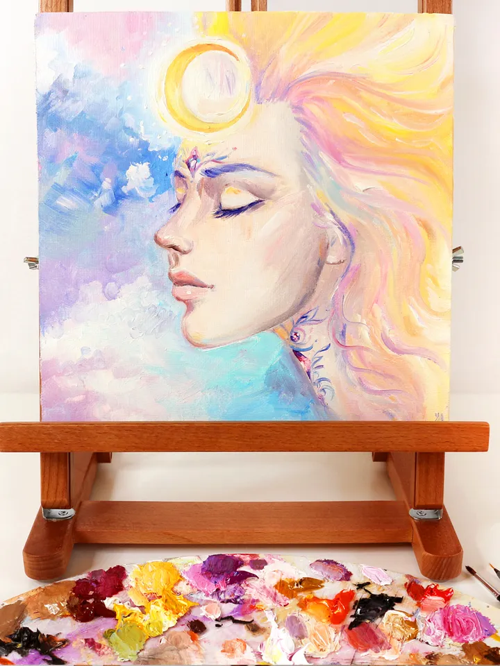 Moon Goddess Painting Selena Original Art Moon Oil Painting on Canvas Woman Portrait Artwork