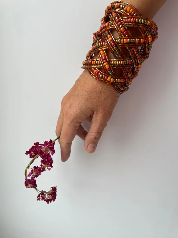 Beaded Handmade Wide Classy Elegant Bracelet | Orange Glamorous Beads Bracelet | Elegant Summer Wide Bracelet |Womans Beaded Jewerly
