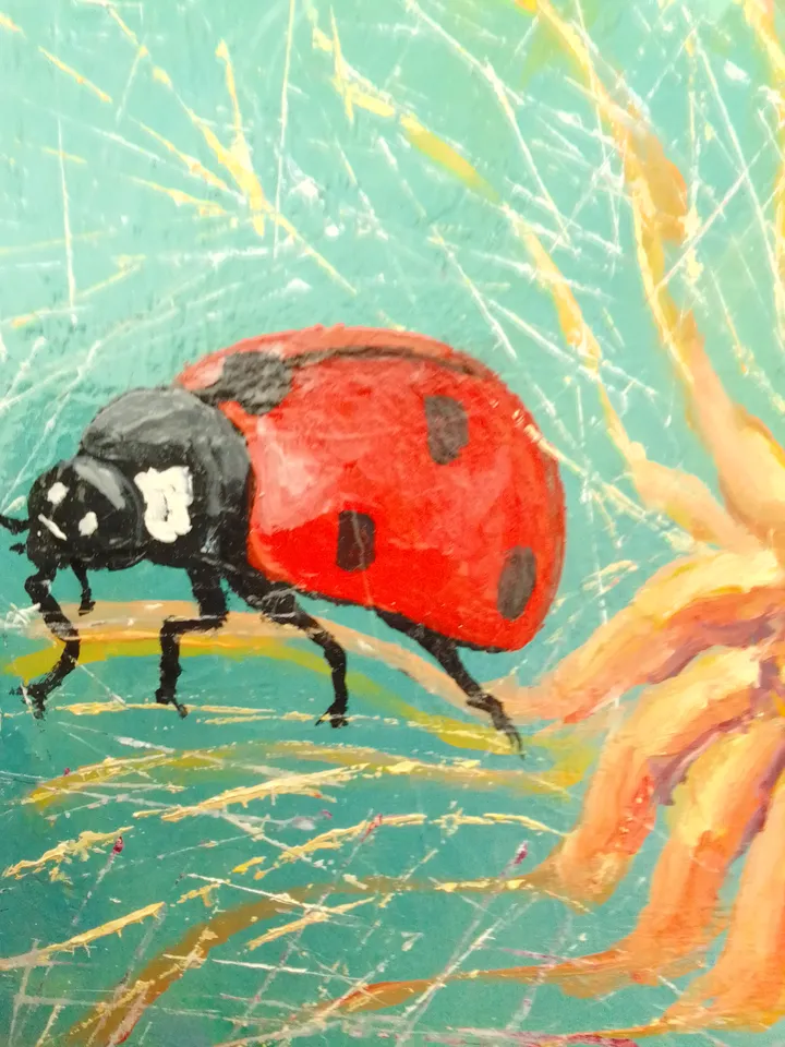 Mini oil Painting flowers with a Ladybug oil canvas on magnet