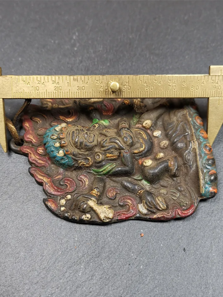 Gandhanra Antique Tibetan Buddha Statue,Mahakala Amulet Badge, Buddhist Protector Deity, Made of Thokcha