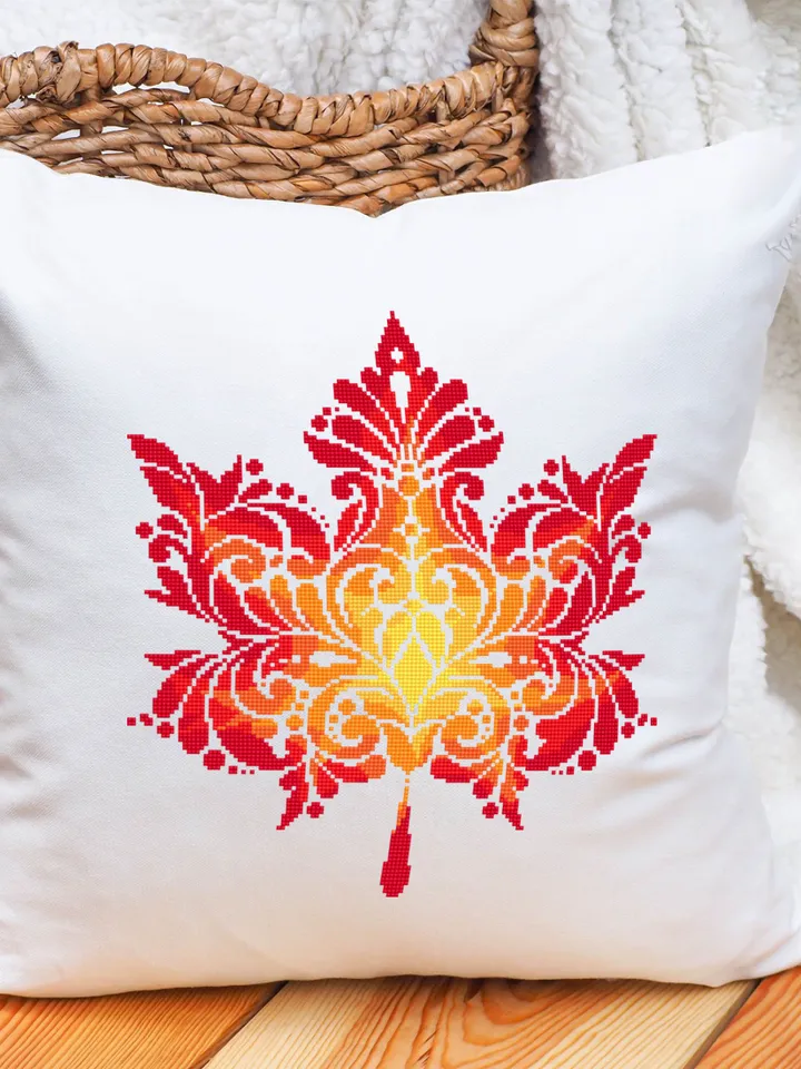 Maple leaf mandala cross stitch pattern PDF download Autumn leaf cross stitch chart, Fall hand embroidery PDF, Vintage leaf ornament #M211