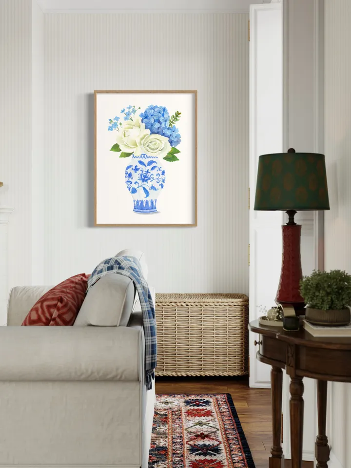 Chinoiserie Vase Wall Art Print, Hydrangea Painting, Ginger Jar Art, Blue and White Porcelain  Vase,Housewarming Gift, Apartment Decor Print