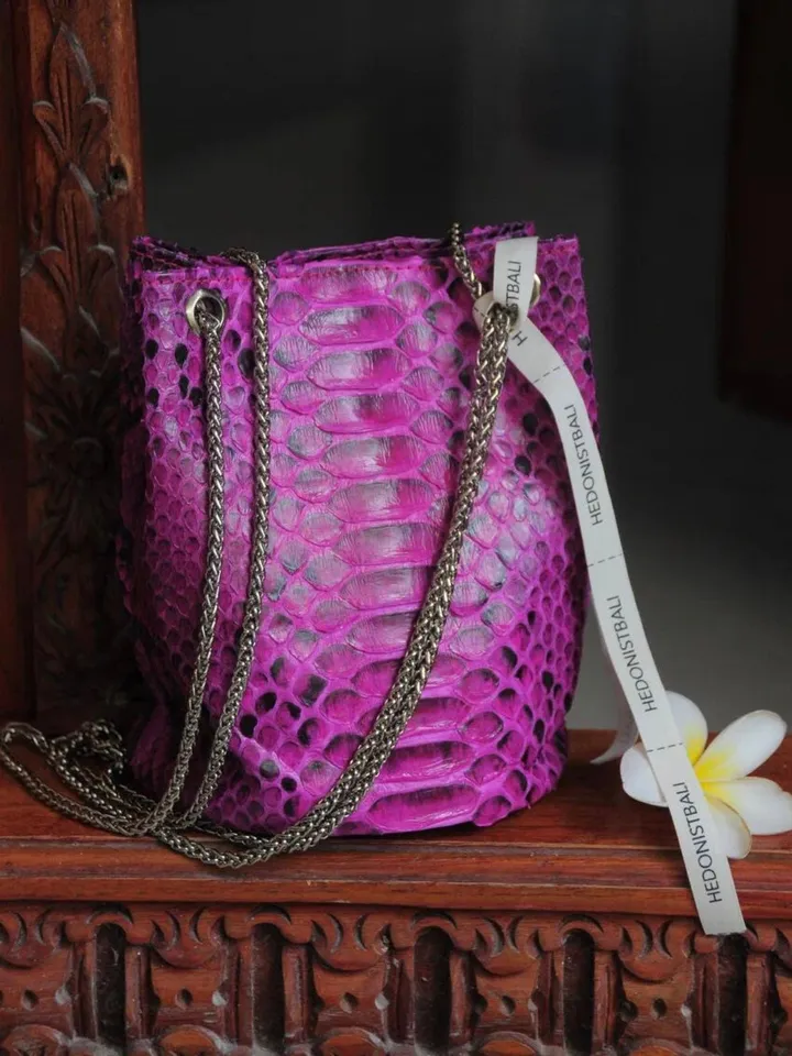 Genuine python skin bucket fuchsia chain bag / designer women purse / summer soft bag / exotic leather bags free shipping / gift for her