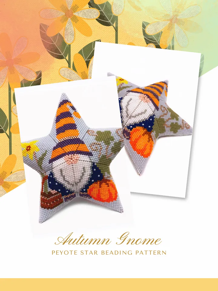Autumn Gnome 3D Peyote Star Beading Pattern, Seed Bead Halloween Ornament, Beaded Star PDF Pattern