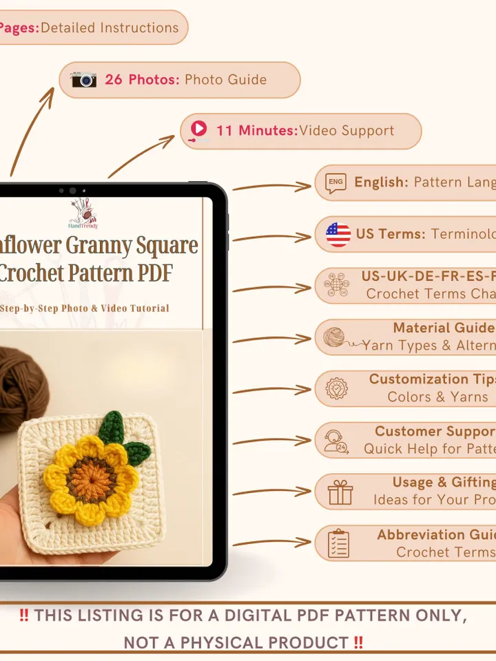Sunflower Granny Square Crochet Pattern PDF, 3D Floral Afghan Block, DIY Blanket Motif, Handmade Crochet Square, Instant Download Pattern