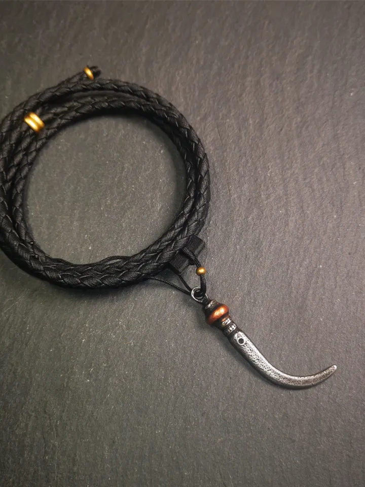 Gandhanra Handmade Tibetan Amulet ,Wolf Tooth Pendant with Leather Cord,Made of Cold Iron inlaid Copper,1.77&quot;