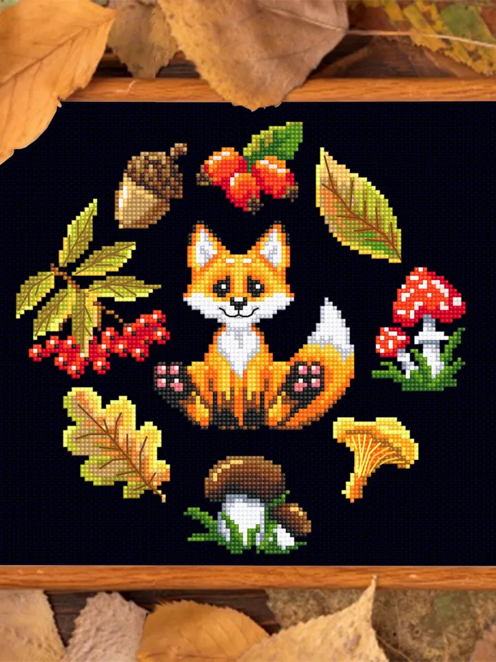 Cross stitch pattern cute little fox DMC chart printable PDF instant download Mushroom cross stitch Autumn embroidery beginners #K8