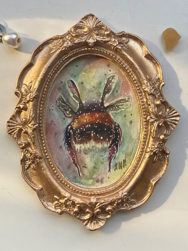 Framed Bumblebee Oil Painting Original Entomology Art Bee Painting Oval Frame