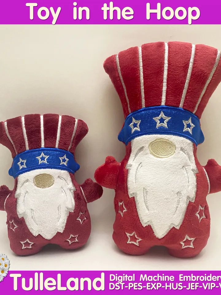 In The Hoop Machine Embroidery design Patriotic USA American Gnome wearing uncle Sam hat toy soft stuffed ITH Pattern.
