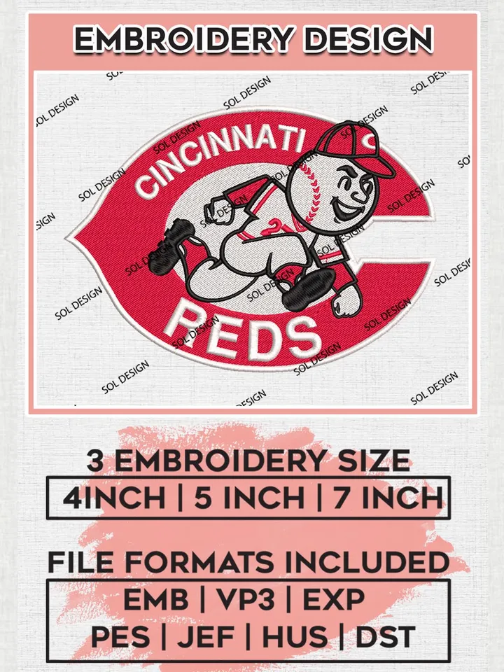 Cincinnati Reds MLB Team Logo Embroidery Design Files, MLB Cincinnati Reds Team Embroidery, MLB Teams, 3 sizes, MLB Machine embroidery designs, Digital Download