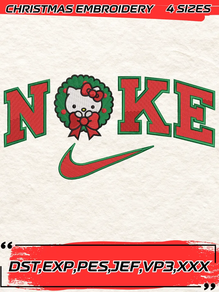 Swoosh Kitty Chrismas Embroidery Design,Kitty Embroidery,Christmas Embroidery Design,4 Sizes,Digital Download