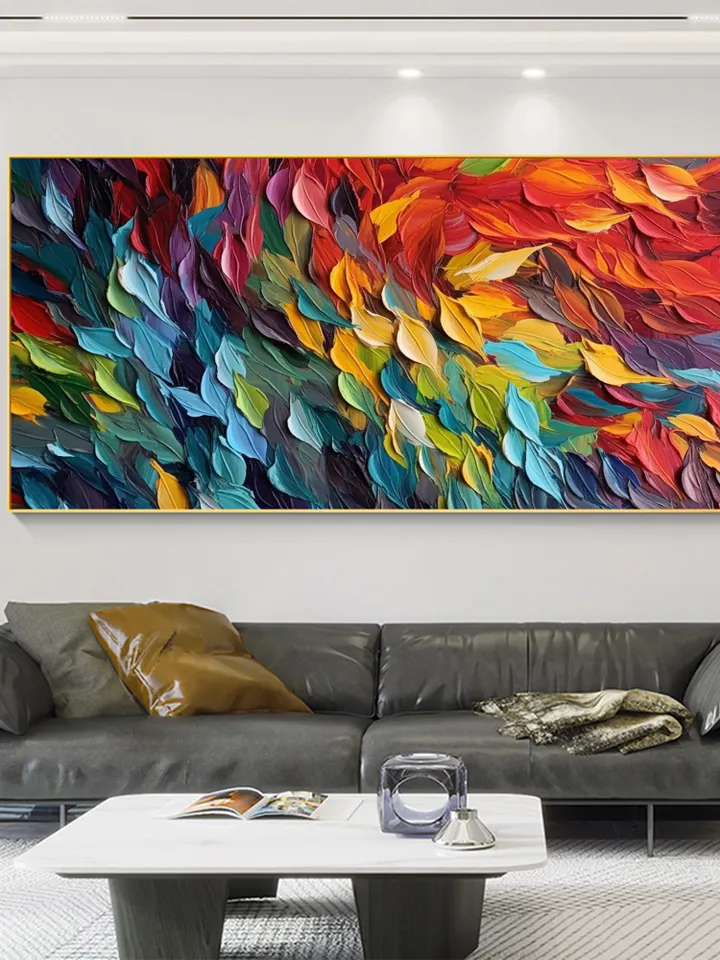 Original Colorful Feathers Oil Painting On Canvas, Large Wall Art, Abstract Colorful Painting, Custom Painting, Living room Home Wall Decor
